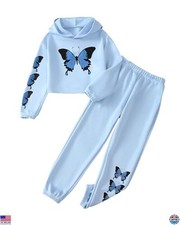 Girls' Butterfly Print Crop Top  Sweatpants 2-Piece Outfit Set, Jogger Style