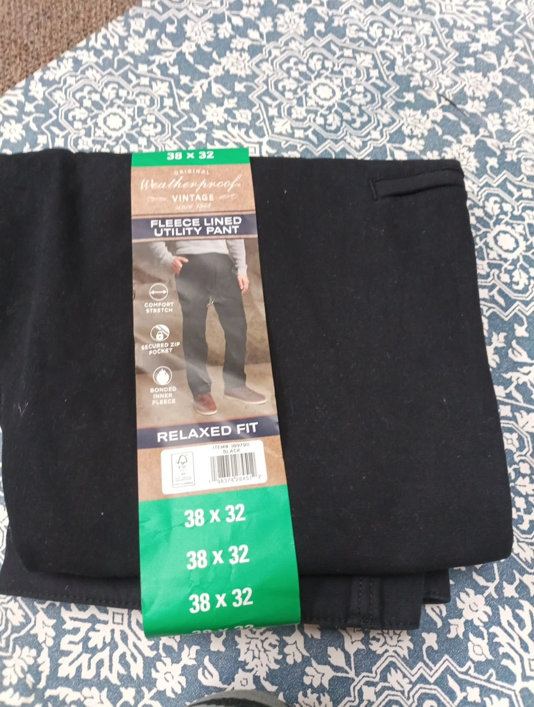 Weatherproof Vintage Men's Bonded Fleece Lined Pant - Black 38X32