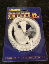 NOS Satco WHITE Polarized 3-Outlet COILED 12-FT Extension Cord 16/2 SPT-2 93-170