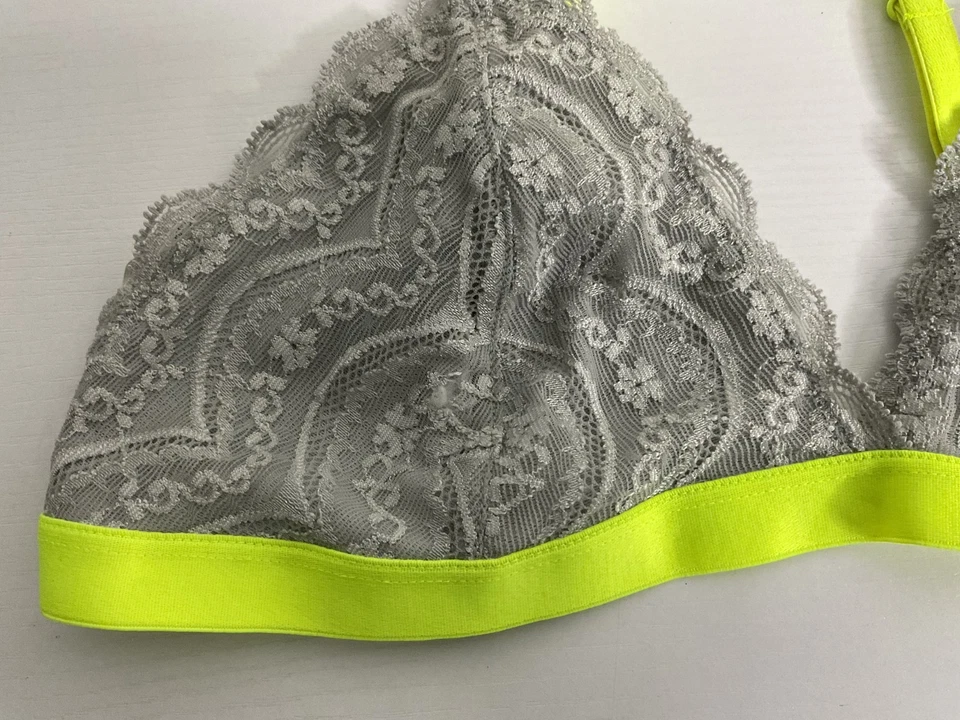 Sujetador para mujer EXPRESS One-Eleven suave de encaje forrado en triángulo gris y lima bralette M Foto 4 de 4