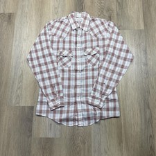 Levis Shirt Mens Medium Red White Plaid Western Pearl Snap Pockets Long Sleeve