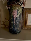 Floral Textured Art Pottery Ceramic Vase w/ Handles Green Purple Brown
