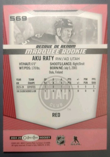 2024-25 O-Pee-Chee Red Border Marquee Rookie Aku Raty #569 Utah - Picture 2 of 2