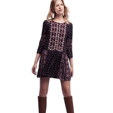 Anthropologie Vanessa Virginia Drop Waist Dress Embroidered Boho Navy Small