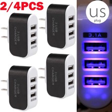 2/4Pc Multi 3 Port USB Home Wall Charger Plug Glowing Light 3.1A US standard HOT