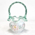 Fenton Opalescent Glass Basket Hand Painted P. Lane Twisted Green Handle Signed