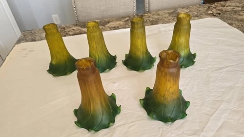 (6) VINTAGE LILY PAD TULIP LAMP REPLACEMENT SHADES GREEN AMBER RARE TWIST ON