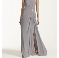 David’s Bridal Long Strapless Crepe Dress with Brooch size 6 