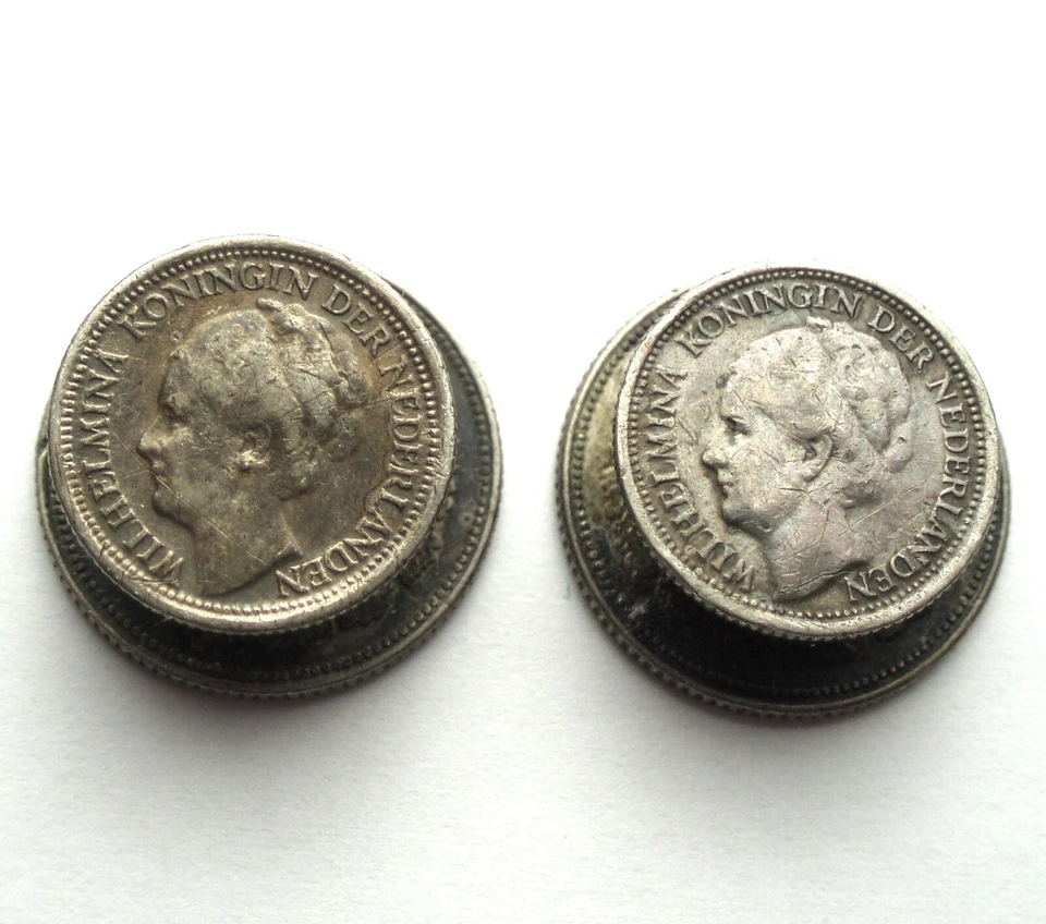 NETHERLANDS SILVER COINS CUFFLINKS Wilhelmina 10-25 Cents 1926-1945. B14 - Image 3 of 4