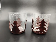 2 Winter Christmas Metal & Glass Tealight Holders Snowman Pine Tree