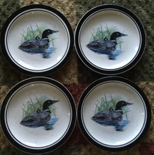 Folk Craft Stoneware *LOON LAKE by Scotty Z* 4 pc. Salad Dessert Plates Set Lot
