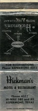 Hickmans Motel and Restaurant, Aspermont, Texas Matchbook
