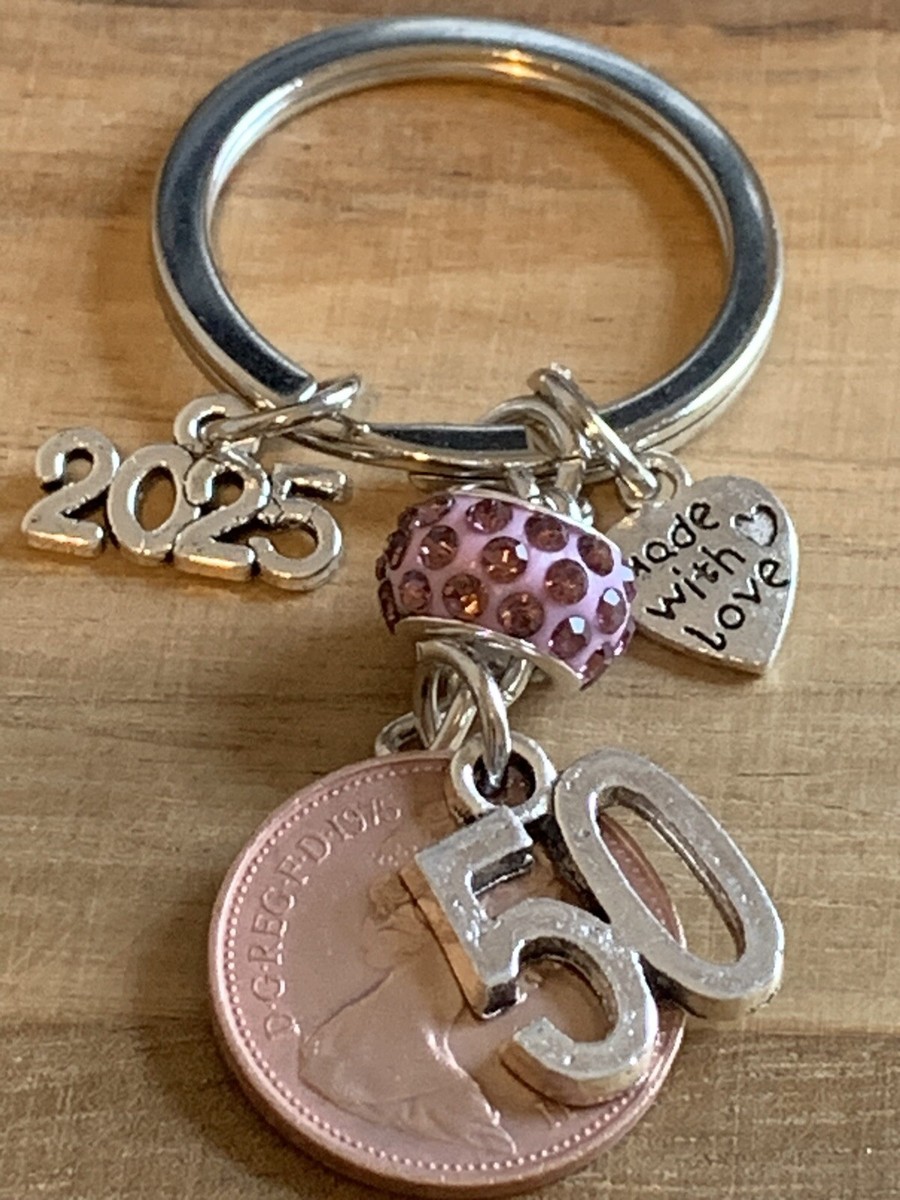 50th Birthday Polished 1975 Coin Charms On Keyring In Gift Bag