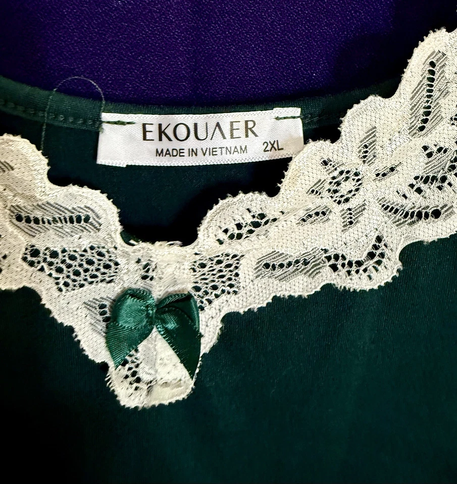 Lote de 2 camisones para mujer Ekouaer 2XL ribete de encaje verde oscuro y floral lavanda Foto 4 de 4