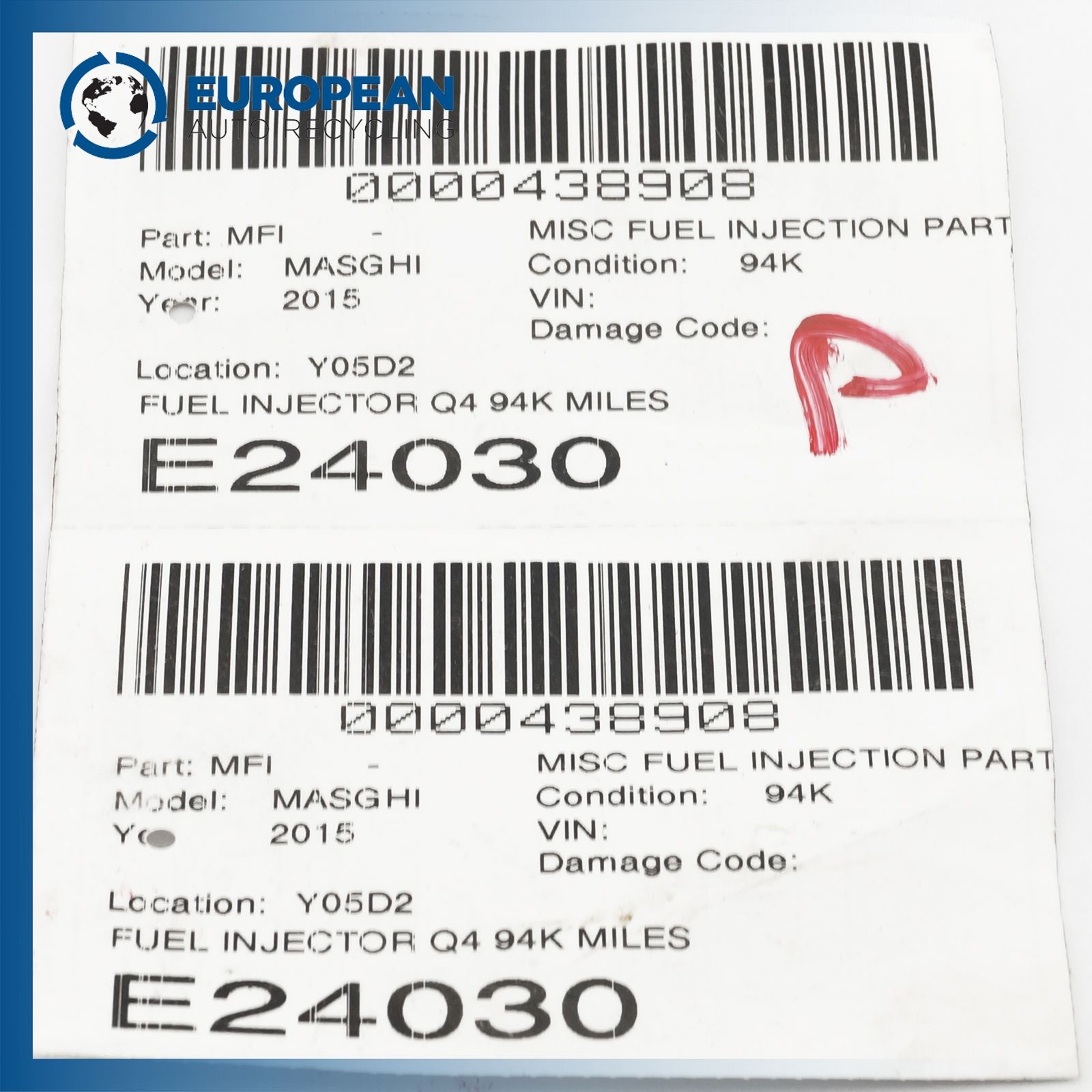 Maserati Ghibli 2015-2016 Fuel injector P/N 0261500182