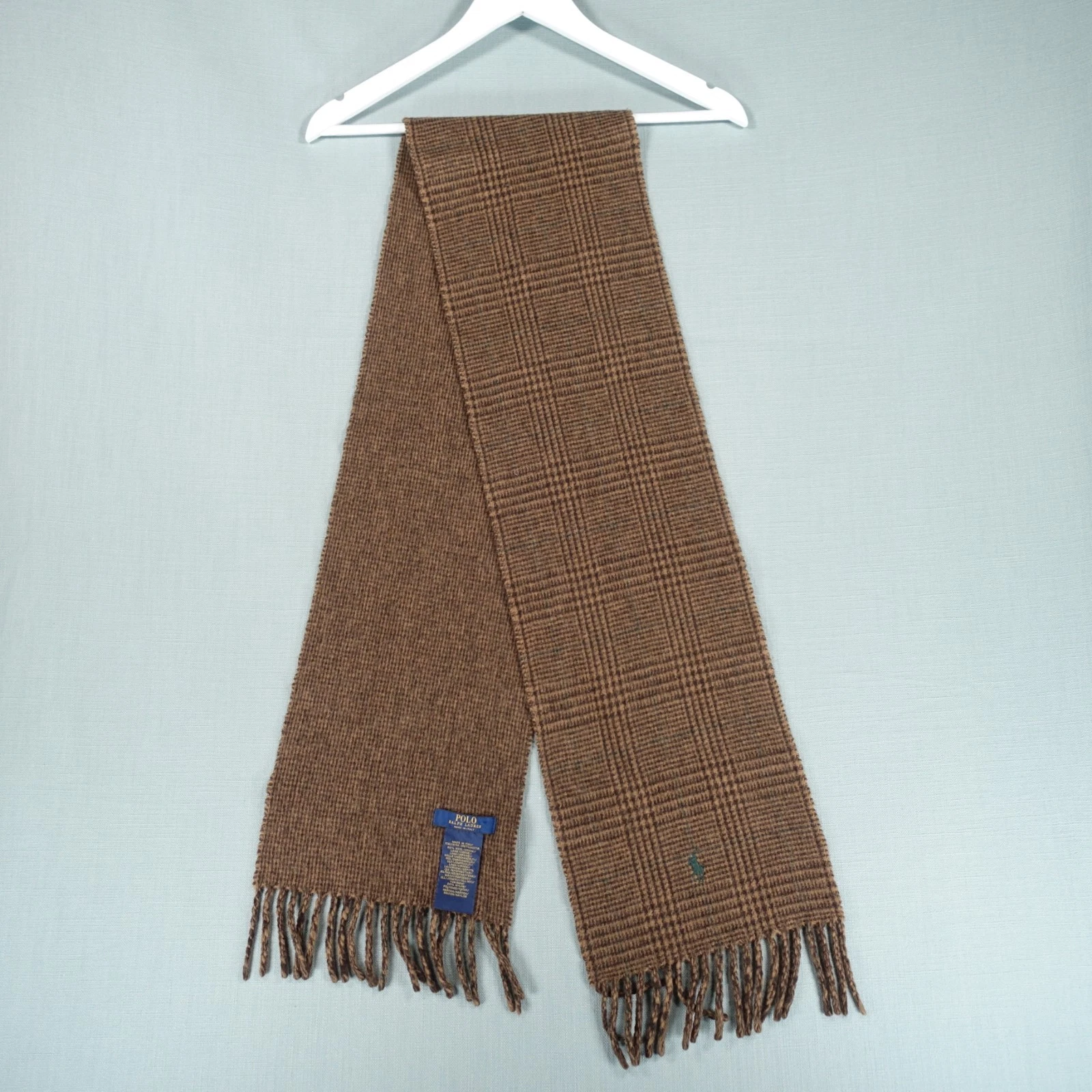 Ralph Lauren Polo Scarf Mens Brown Wool Blend Plaid Embroidered Italian Pony
