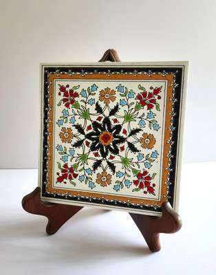 Knossos Keramik Ceramic Tile Decorative Trivet Hand Made In Greece Floral