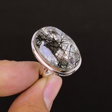 Black Rutile Oval Gemstone Handmade 925 Sterling Silver Adjustable Ring VJ 1371