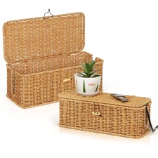 Cable Management Box, Handwoven Faux Rattan Cord Organizer Box with Lid, 2 Op...