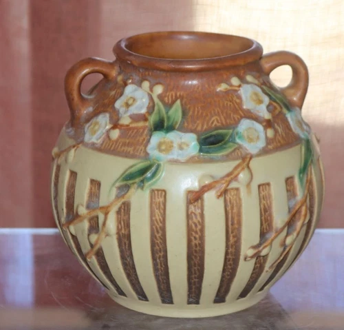 Roseville CHERRY BLOSSOM  Pink 1933 Vintage Art Deco Pottery Ceramic Vase 618-5