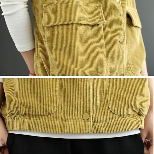 Women Cargo Corduroy Vest Jacket Coat Waistcoat Gilet Stand Collar Button Casual - Picture 11 of 15
