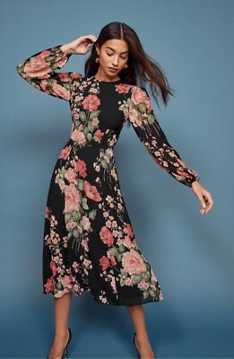 REFORMATION Louise Black Floral Print Puff Sleeve LUANNE
