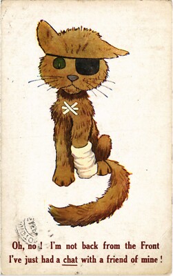 PC CATS ARTIST SIGNED WOUNDED CAT HUMOR VINTAGE POSTCARD (b61699)