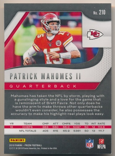 Patrick Mahomes II #210 2019 Panini Prizm CHIEFS B - Imagen 2 de 2