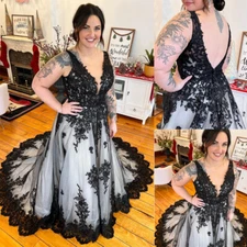 Gothic Lace Wedding Dresses Black White V Neck Plus Size Bridal Gowns Backless