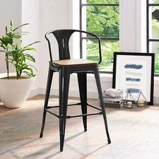 Modway Industrial Modern Tolix Style Bamboo Seat Black Aluminum Bistro Bar Stool