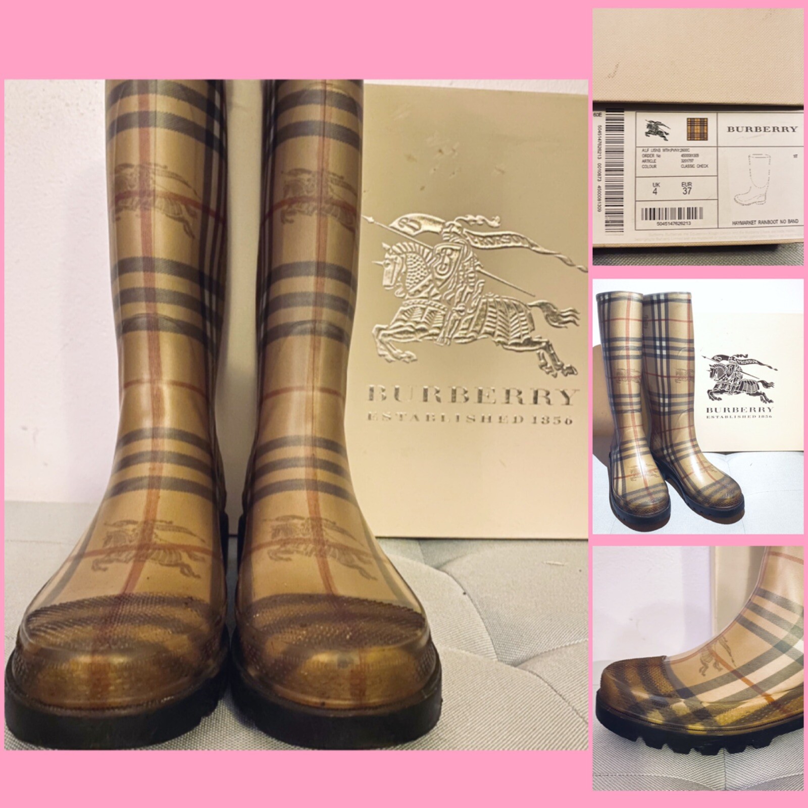 BURBERRY Haymarket Rain Boots Classic Check Round Toe… Gem