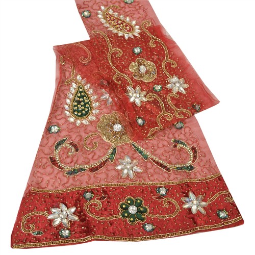 Sanskriti Vintage Design Fabric Hand Beaded Indian Craft Maroon Glass Sequins - Picture 7 of 10