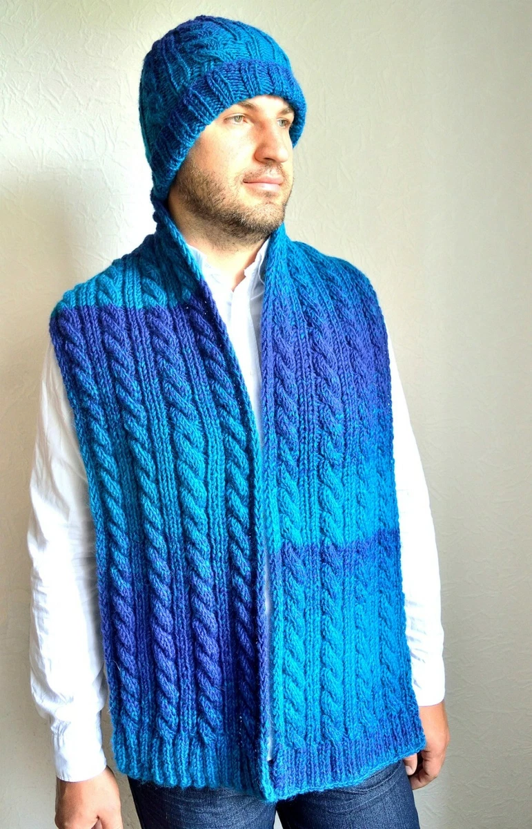 Hand knitted men s wool hat scarf set eBay