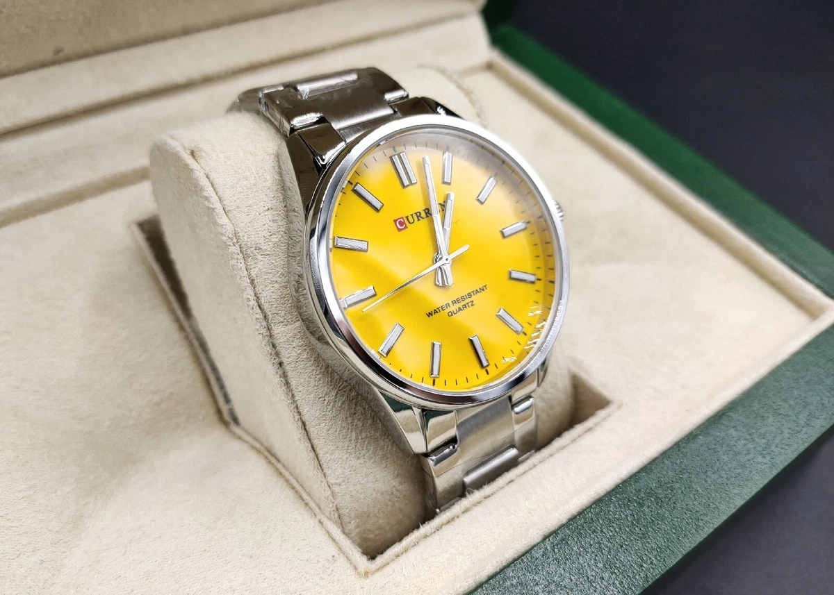 Mens Luxury Yellow Dial Face Day Date Just Watch Stainless Steel