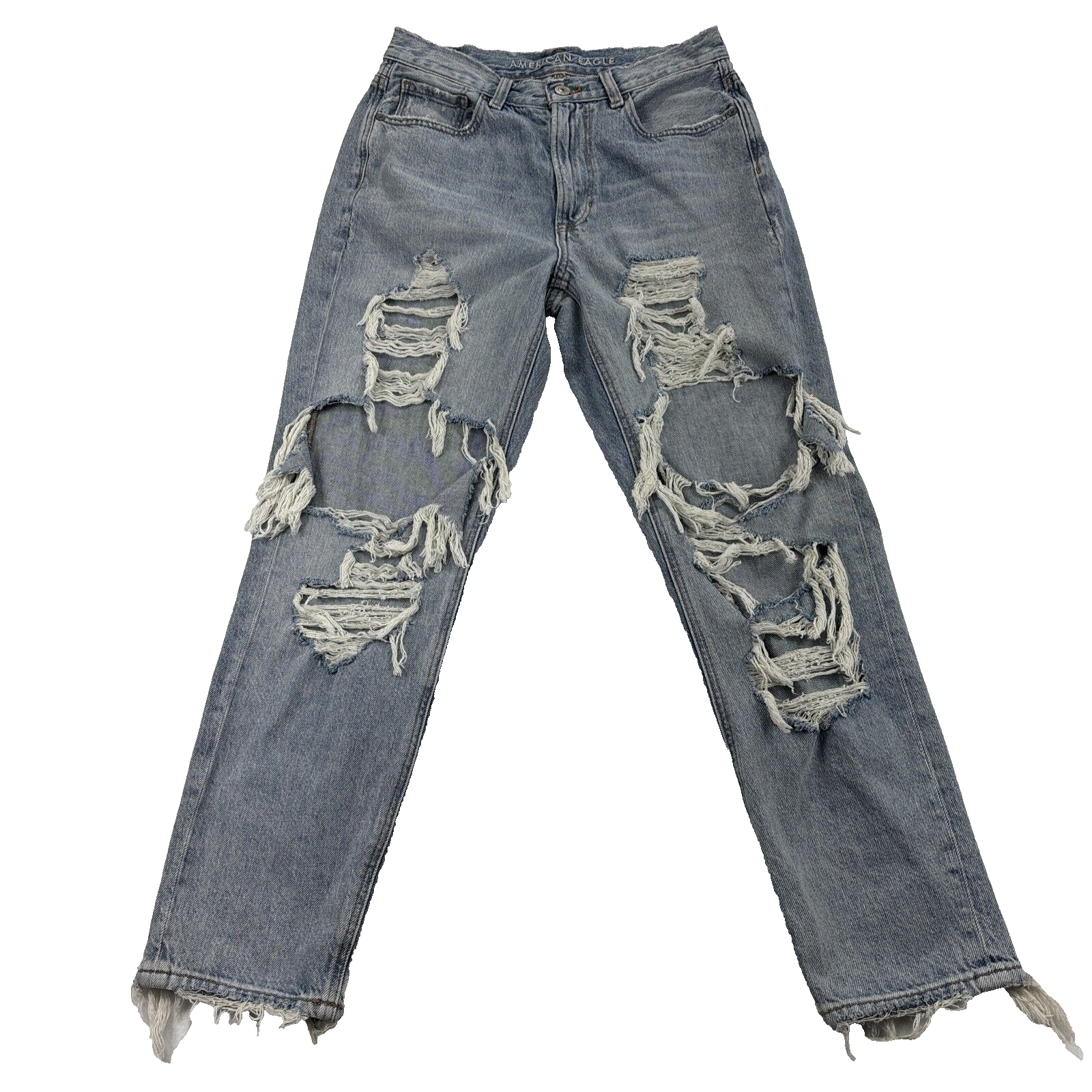 American Eagle Mom Jeans Womens 6 Blue Heavy Distressed Front & Back Raw Hem-image