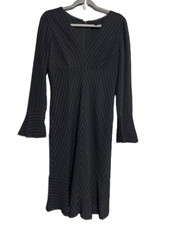Vtg Adrianna Papell Women's 6 Black Pinstripe Dress Y2K Bell Sleeve Fitted