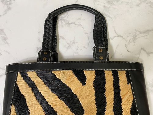 Tommy Bahama Black Leather Raffia Zebra Tote Bag Braided Preppy Resort Cruise - Picture 6 of 24