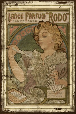 Lance Parfum Rodo Vintage Werbung von Mucha, gealtertes Look Bild auf neuem Blechschild