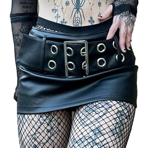 Minifalda para mujer con hebilla de metal con cinturón gótica punk de cuero PU cintura alta - Imagen 3 de 31