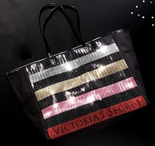 VICTORIA'S SECRET BLACK SEQUIN STRIPE WEEKENDER BAG GETAWAY CARRY ON LARGE TOTE