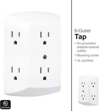 GE Grounded Adapter Spaced Six 6 Outlet Tap Converter Wall Electrical Socket