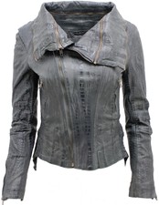 Ladies Short Retro Grey Removable Zip Neck Leather Biker Jacket