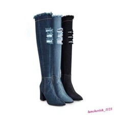 Women's Denim Over Knee Boots Block Heel Shoes Jean Ripped Hole Zip Fashion Chic