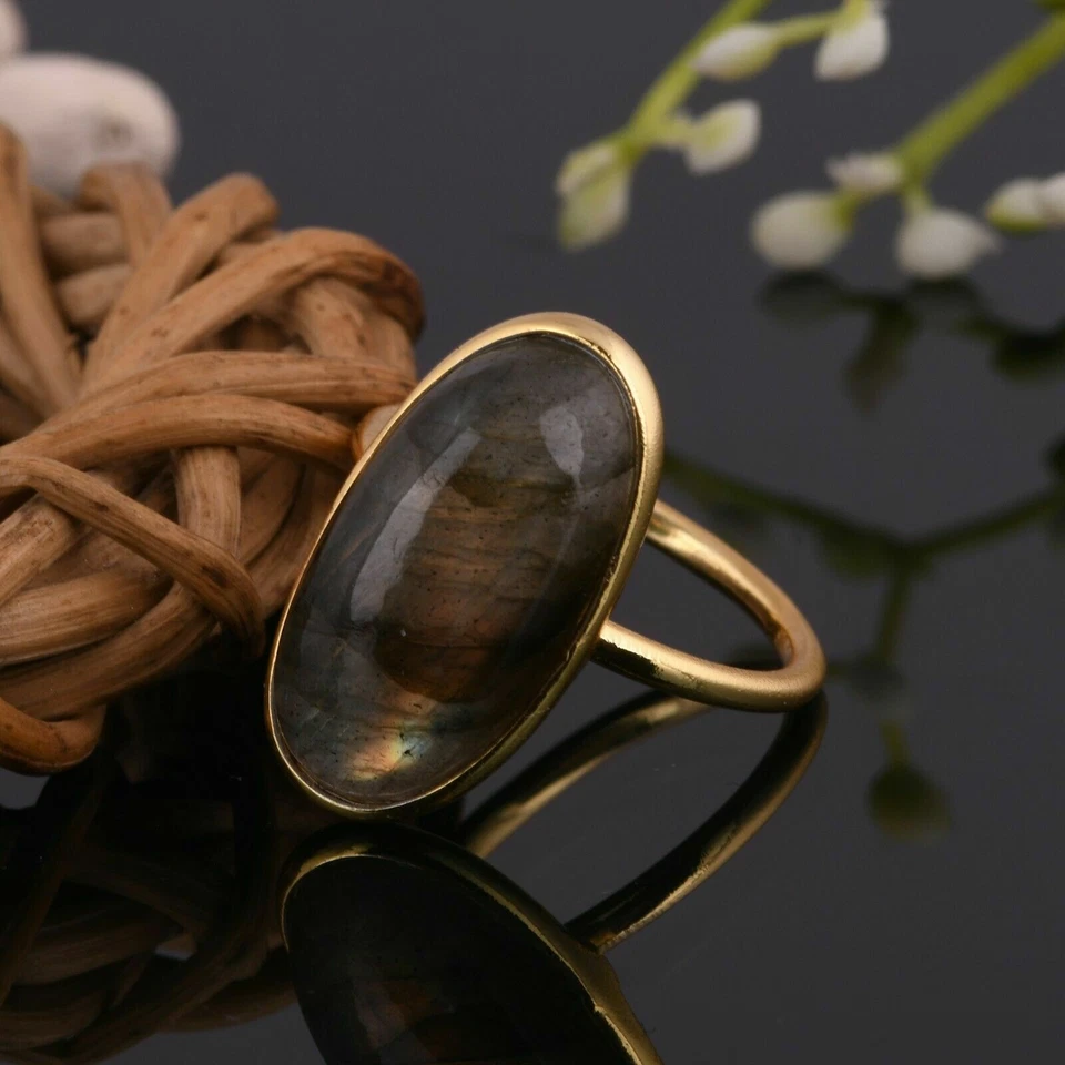 Anel grande de pedra labradorita folheado a ouro 925 anéis joias - Imagem 4 de 4