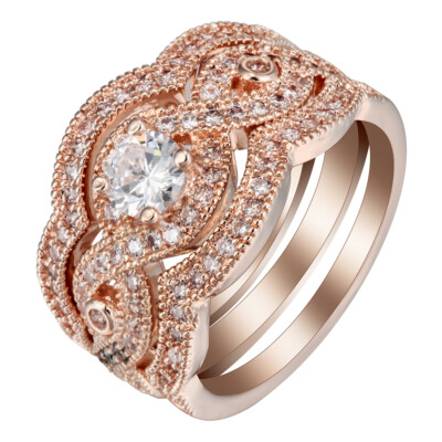Rose Bridal Set Gold Plate 3pc Engagement Ring Band Womens Ginger Lyne Collec...
