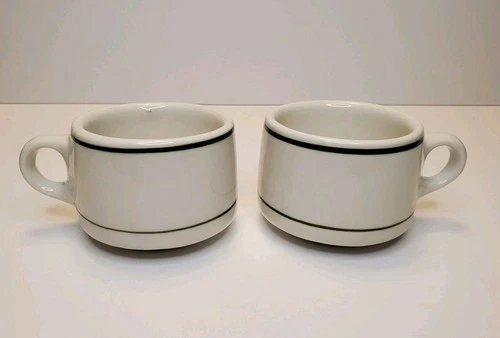 2 Vintage Vitrified China Green Stripe Heavy Restaurantware Coffee Mugs &Creamer