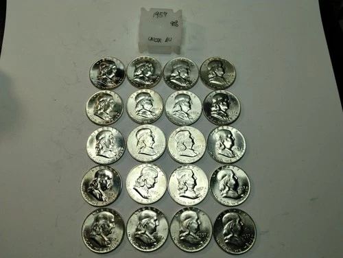 1957 franklin half dollar Uncirculated BU. 90% Fine Silver. 20 Coins Roll.