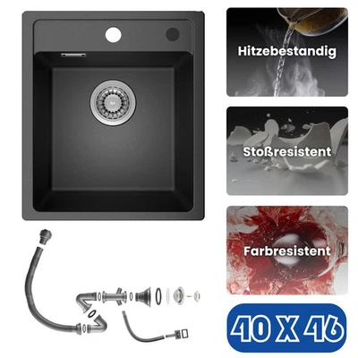 ANYCEE MAX Granitspüle Küchenspüle Schwarz Einbauspüle Spülbecken Ablaufgarnitur 40x46cm