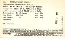 Tune-Dex Card Forty-Second Street Al Dubin Harry Warren 1943 M. Witmark