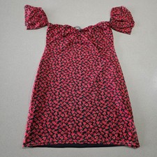 Boohoo Red Rose Floral Mesh Off Shoulder Mini Dress Size US 12 Puff Sleeve Black